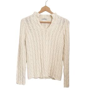 Orvis Womens Cable Knit Ecru Off-white V-neck Sweater Size S